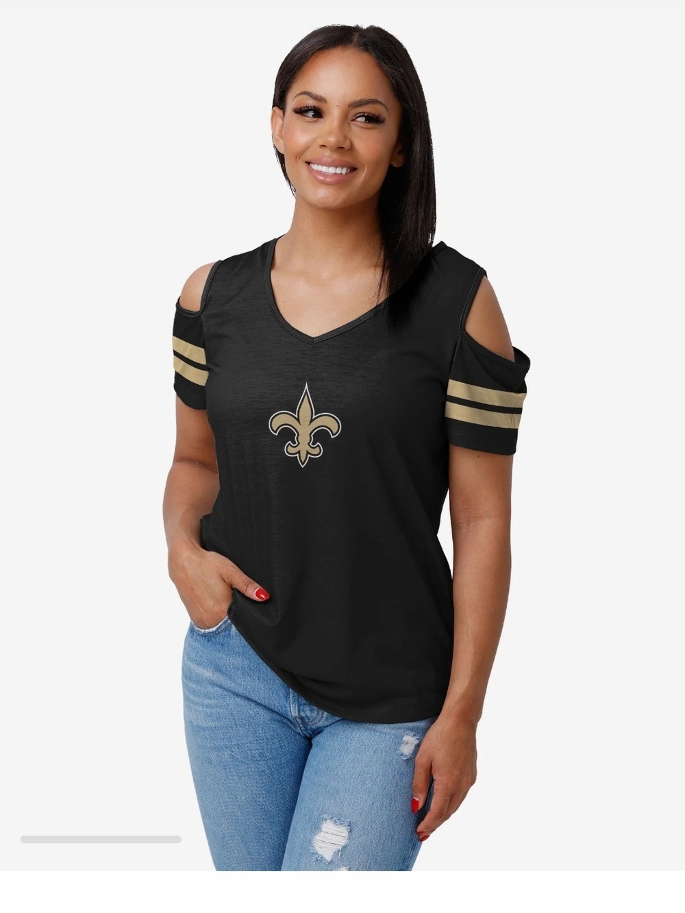 Cold Shoulder Fleur-de-Lis Graphic V-Neck Tee - Black & Gold